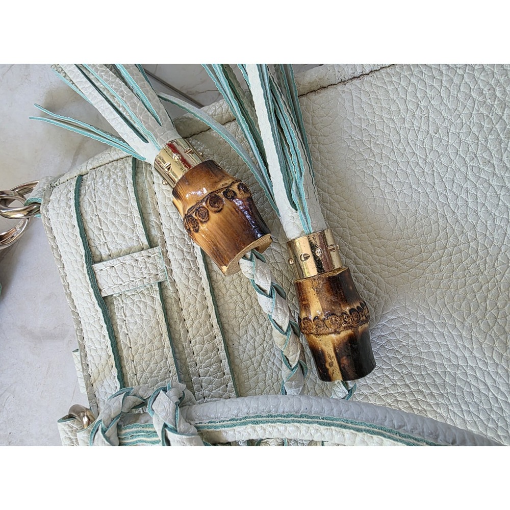 Pebbled Leather Tote Bag Mint Green Bamboo Tassel Crossbody Handbag - Picture 2 of 11
